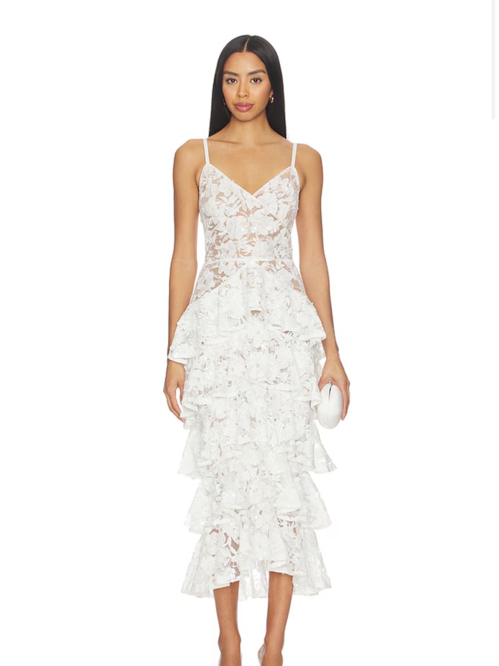 NADINE MERABI White Lace Tiered Ruffle Midi Dress